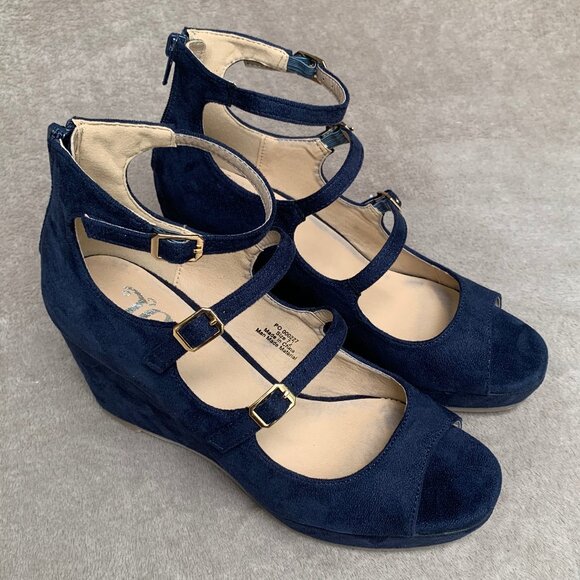 Journee Collection Navy Blue Microsuede Strappy Demi Wedges - Picture 5 of 16
